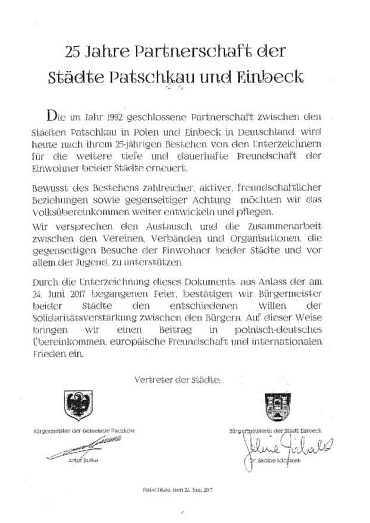 Urkunde 25 J Patschkau&nbsp;&copy;&nbsp;Stadt Einbeck